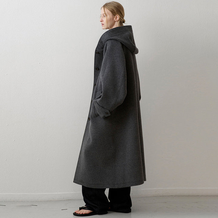 Damen Oversized Wollmantel mit Kapuze und praktischen Taschen Drune