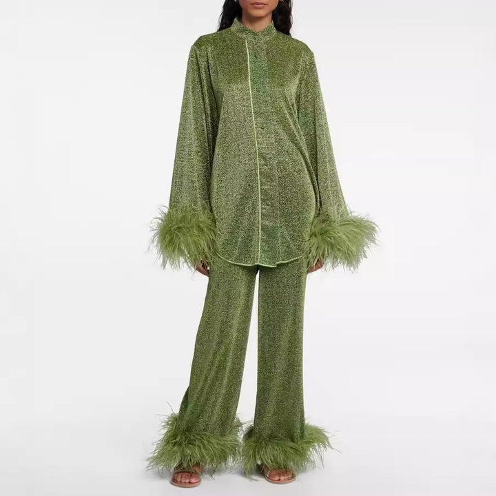 Drune | Herbst Winter Feder Stehkragen Langarmoberteil und Hosen Set