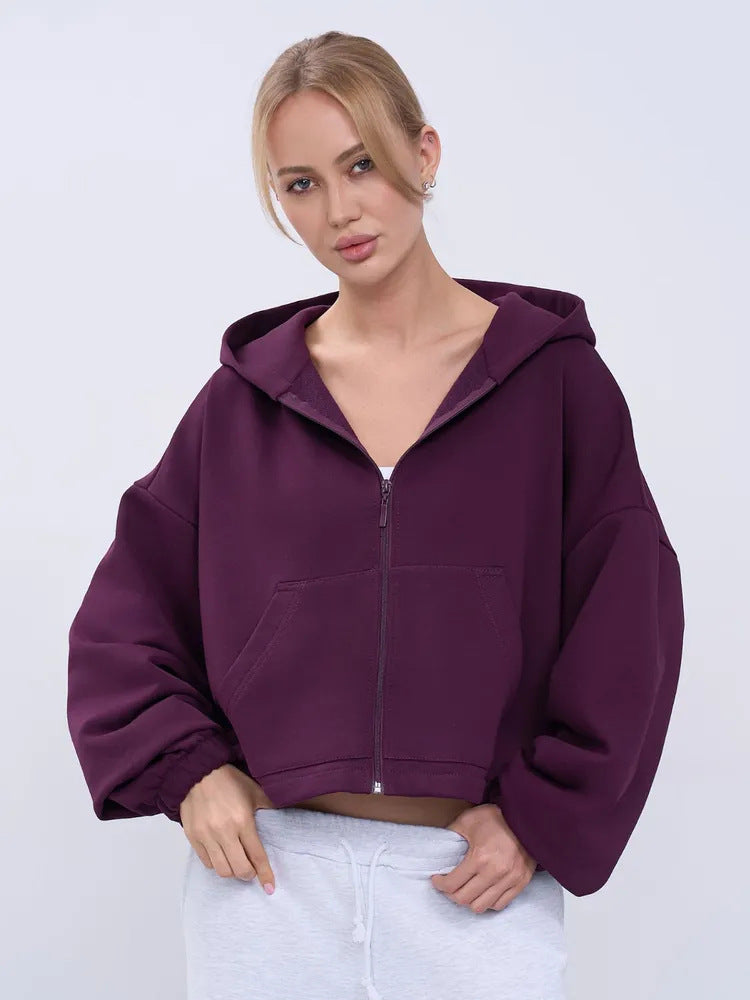 Damen Cropped Kapuzenjacke mit Reißverschluss und übergroßen Ärmeln Drune