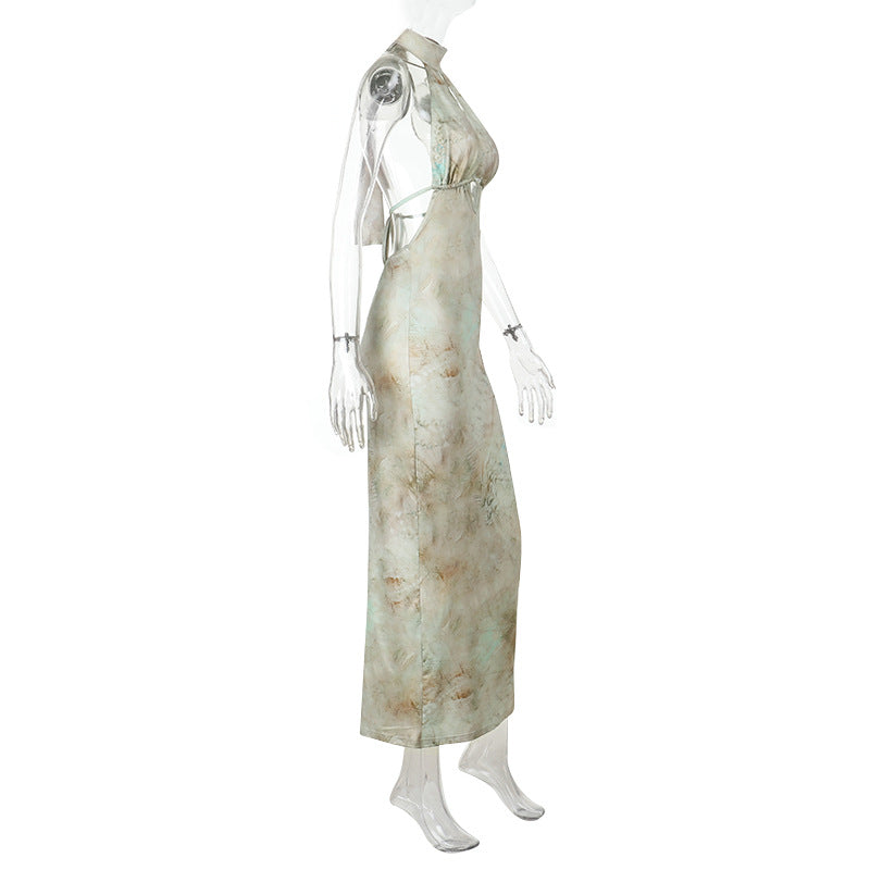 Damen elegantes Maxikleid mit kreativem Schlitz und schimmerndem Wasserfallausschnitt Drune