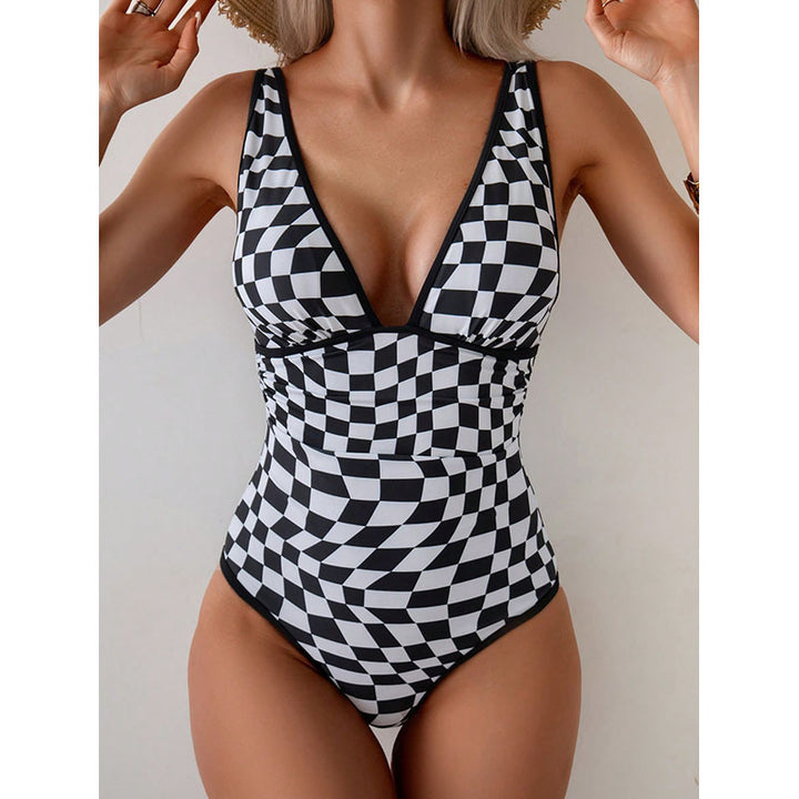 Damen Einteiler Badeanzug mit aufregendem Schachbrettmuster und figurbetonendem Design Drune