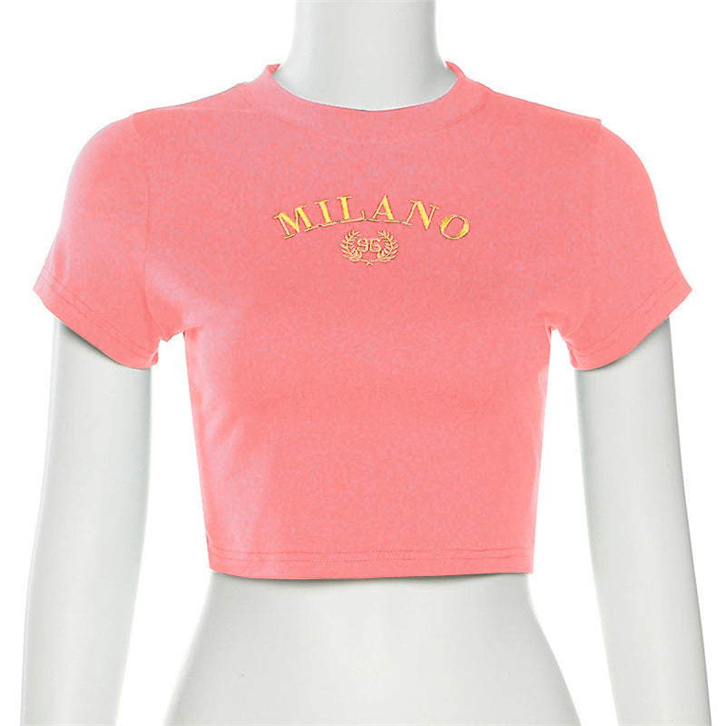 Damen cropped T-Shirt mit gesticktem Schriftzug und rundem Ausschnitt Drune