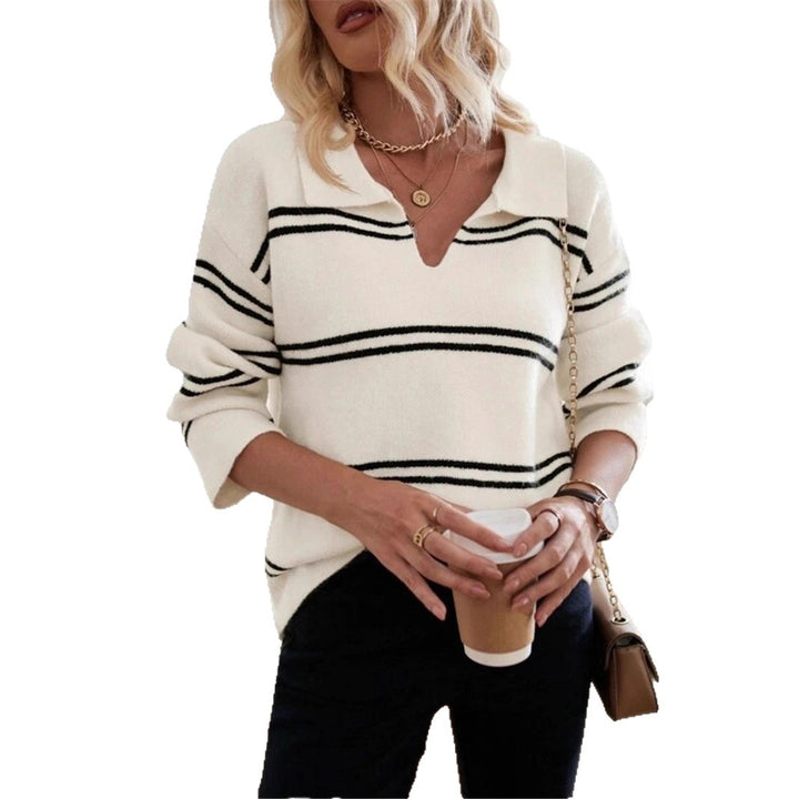 Damen lässiger Pullover mit Polo-Kragen und gestreiftem Design Drune