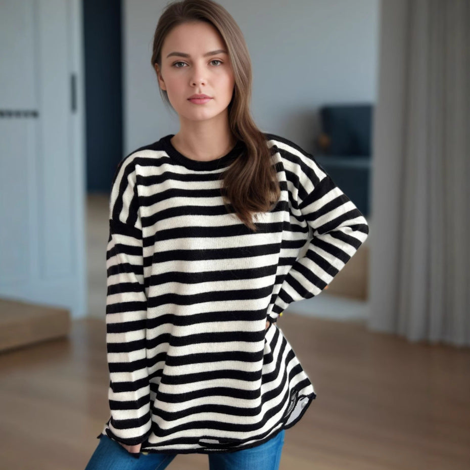 Damen lässiger Oversize-Pullover mit breiten Streifen Drune