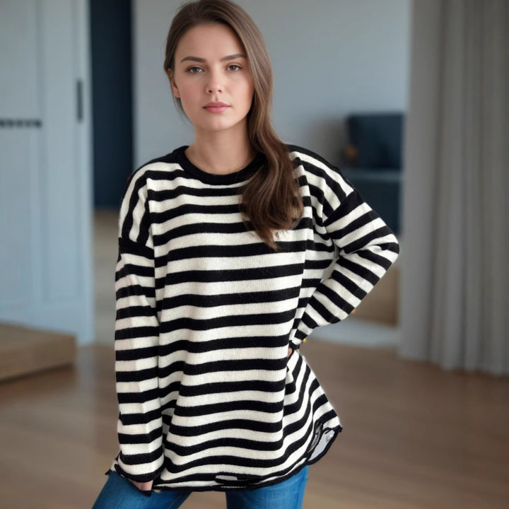 Damen lässiger Oversize-Pullover mit breiten Streifen Drune