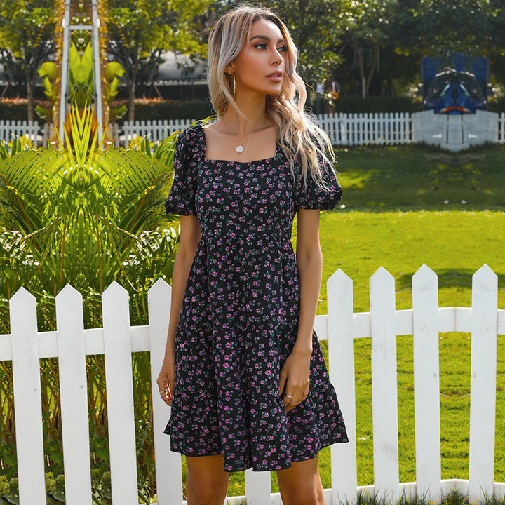 Damen Retro Blümchenkleid mit weiten Puffärmeln und voluminösem Rock Drune