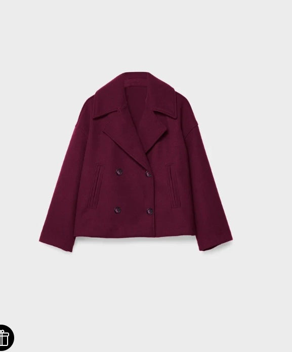 Damen nan kurz geschnittener Zweireiher Wollmix-Peacoat mit überbreitem Revers und kastiger Silhouette Drune
