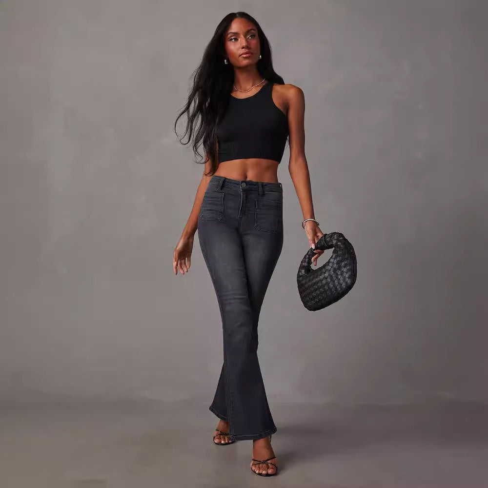 Damen Flared Jeans mit hohem Bund und strukturiertem Denim Drune