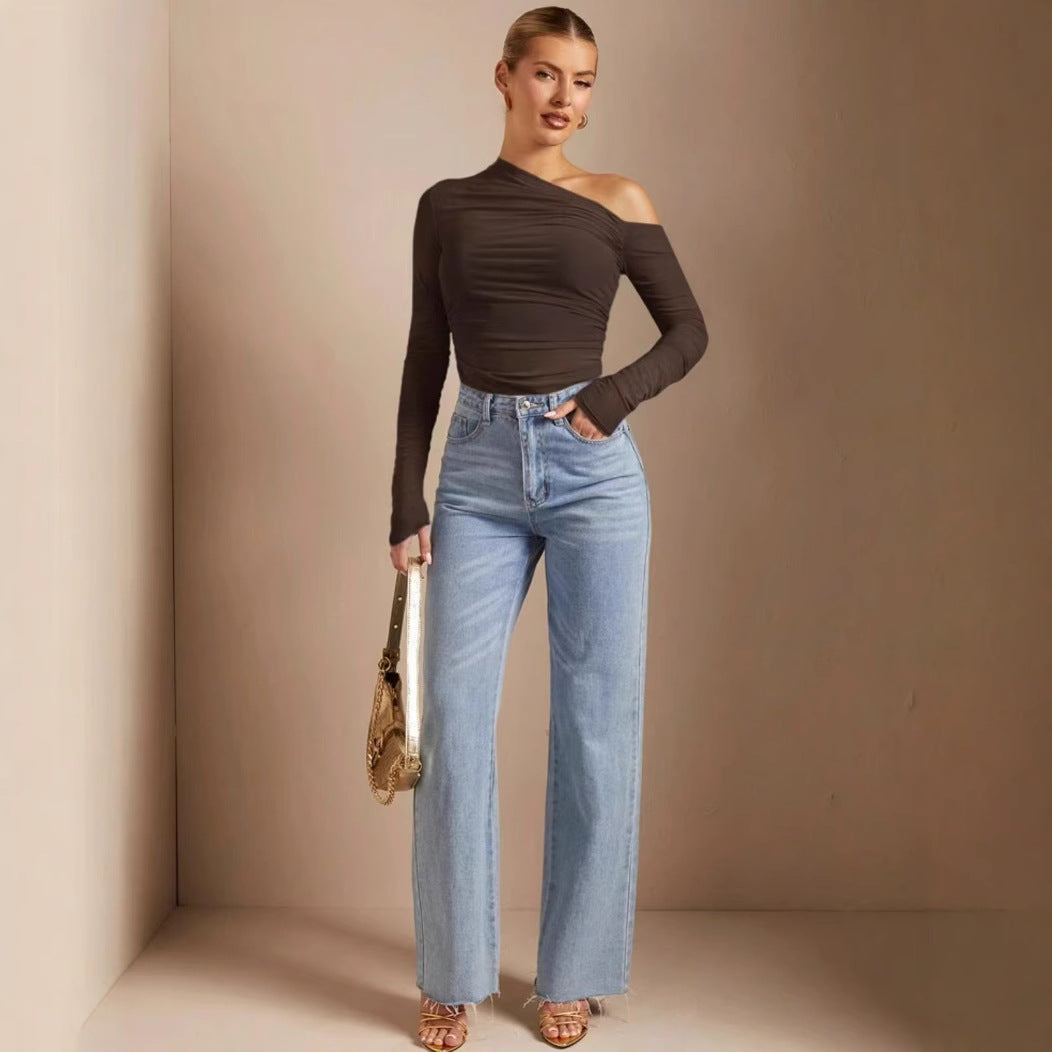 Damen Asymmetrischer Body mit Raffungen und langen Ärmeln Drune