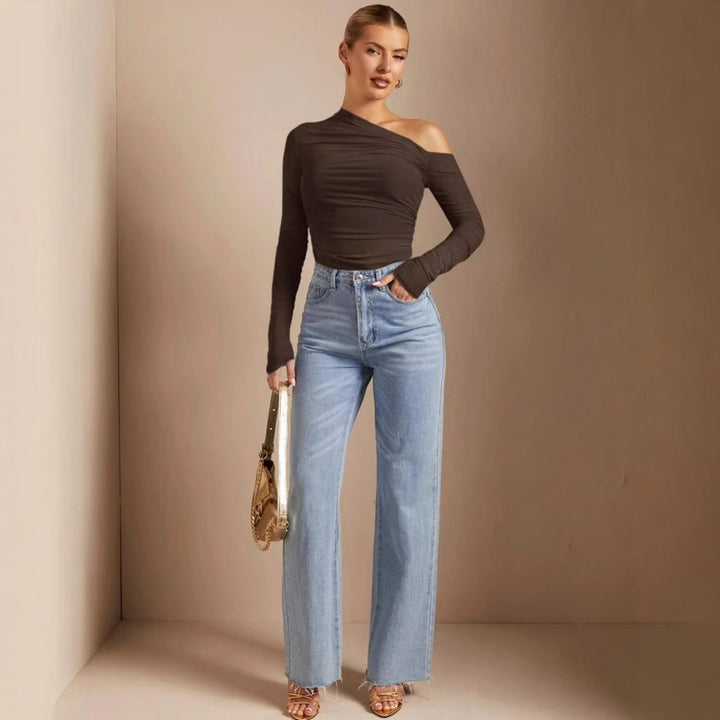 Damen Asymmetrischer Body mit Raffungen und langen Ärmeln Drune