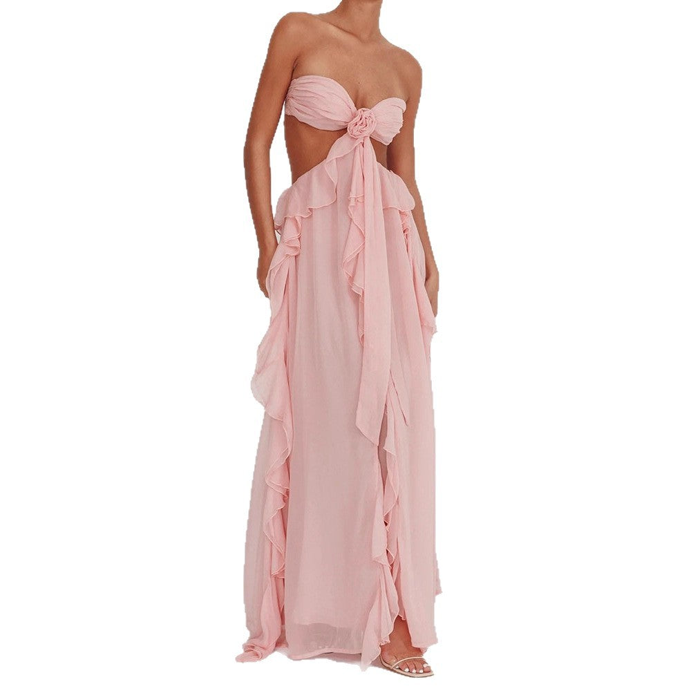 Damen Maxikleid mit Rüschen und Bandeau-Ausschnitt Drune
