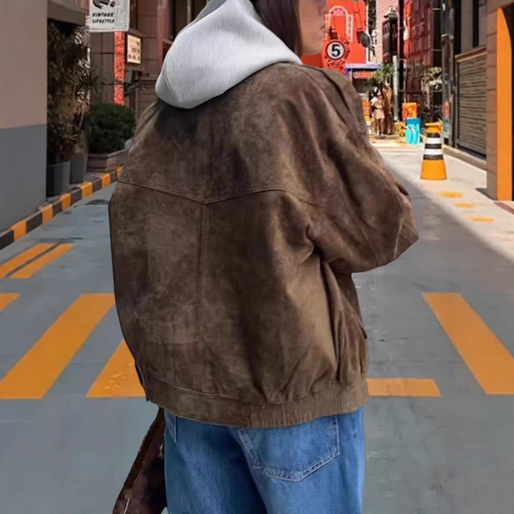 Damen Modische Kunstlederjacke mit lässigem Schnitt und praktischen Taschen Drune