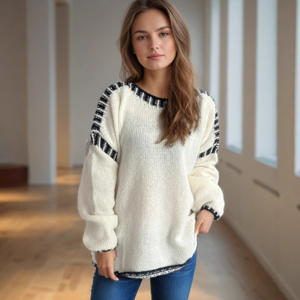 Damen Grobstrickpullover mit lässigem Schnitt und gestreiften Ärmeln Drune