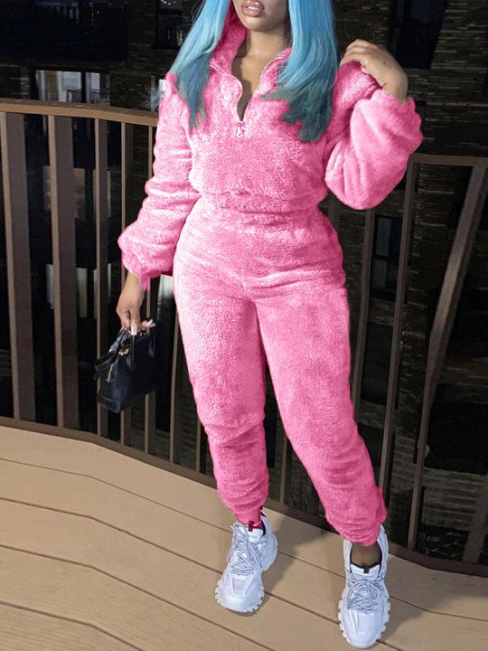 Damen nan kuscheliges Teddy-Lounge-Set mit Halbzip und Highwaist-Jogger Drune
