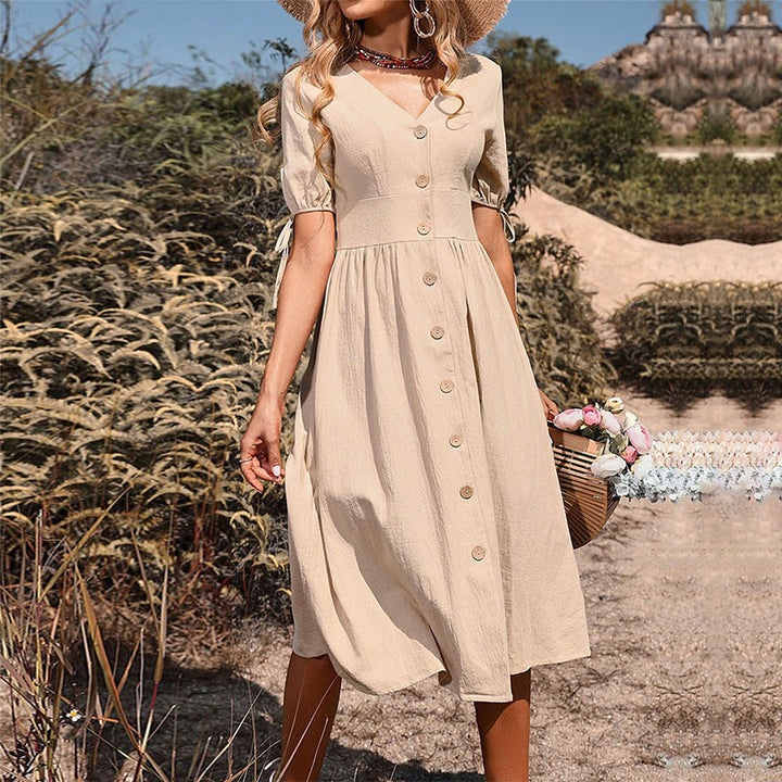 Damen Midi-Kleid mit tailliertem Schnitt und modernen Knopfdetails Drune