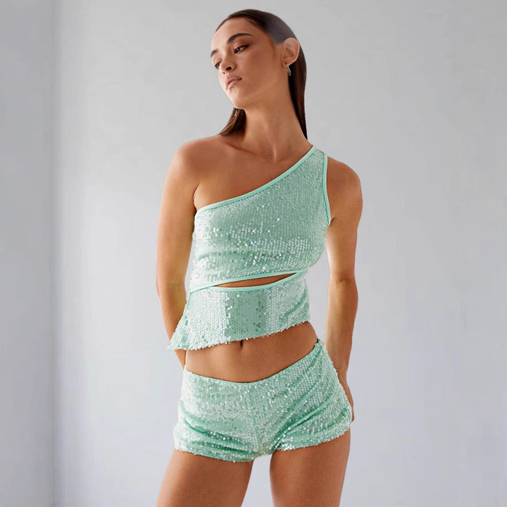 Damen Glitzernder Top und Shorts Set Drune