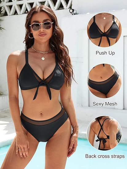 Damen Push-Up-Bikini-Top mit sexy Mesh und Rückenkreuz-Träger Drune