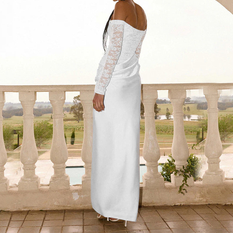 Damen Elegantes Hochzeitskleid mit schulterfreiem Ausschnitt und Spitzenärmeln Drune