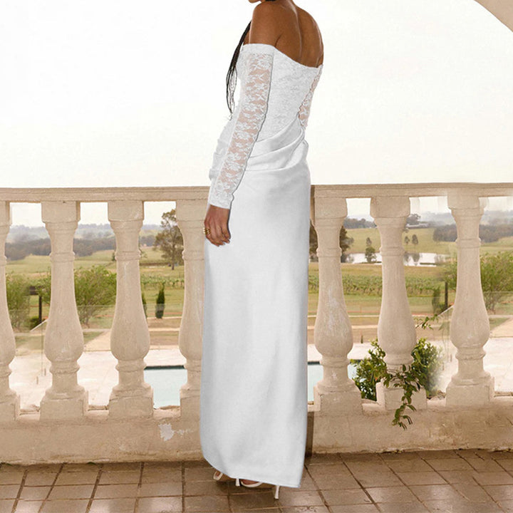 Damen Elegantes Hochzeitskleid mit schulterfreiem Ausschnitt und Spitzenärmeln Drune