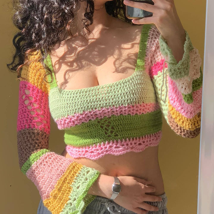 Damen gehäkeltes Crop-Top mit langen Ärmeln und ausgefallenem Saum Drune