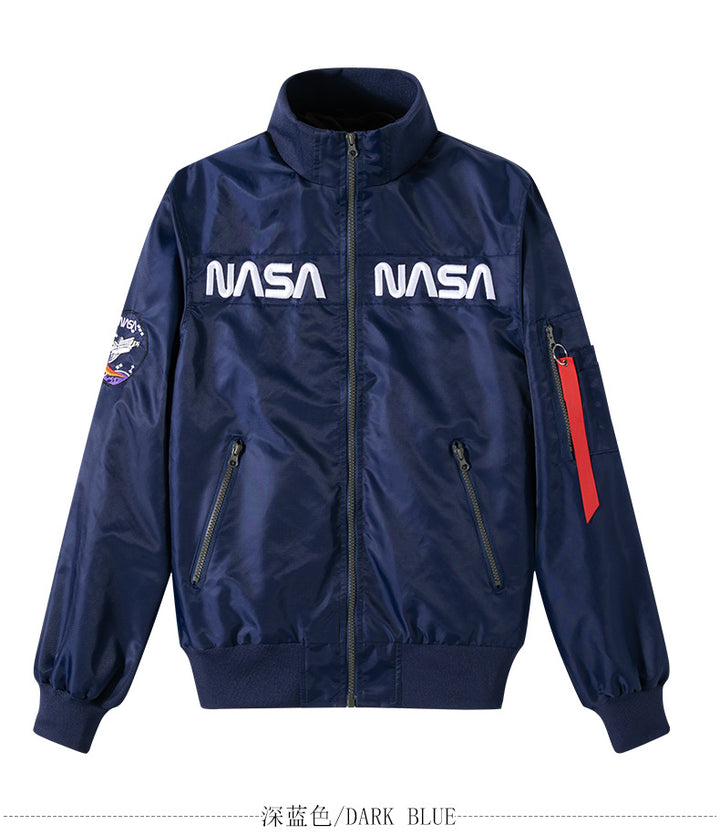 Herren o-Glanz-Technik-Bomber mit gestickten NASA-Brustpaneelen und Ärmeltasche Drune