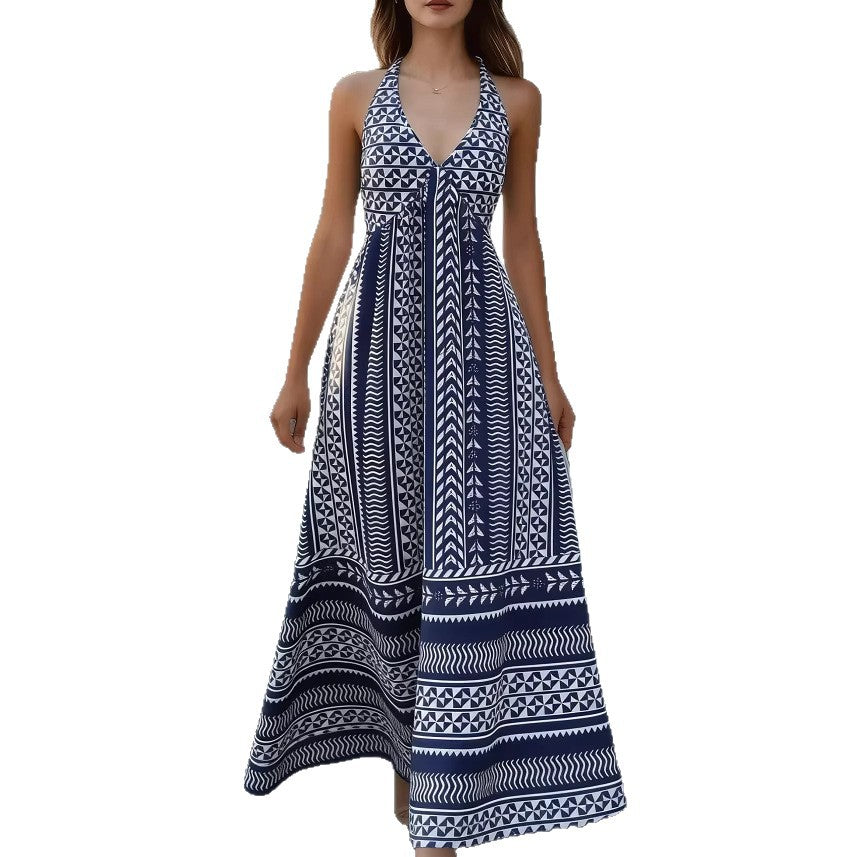 Damen Maxikleid mit geometrischem Muster und tiefem V-Ausschnitt Drune