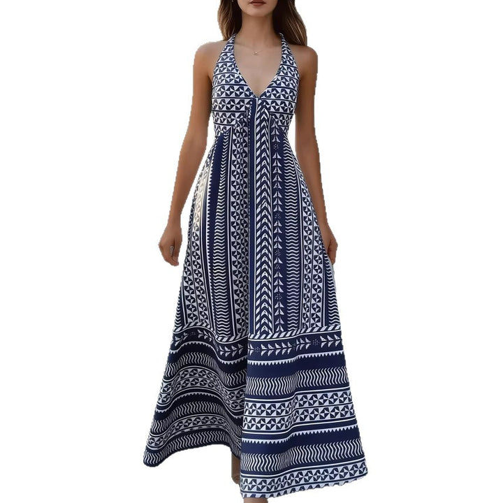 Damen Maxikleid mit geometrischem Muster und tiefem V-Ausschnitt Drune