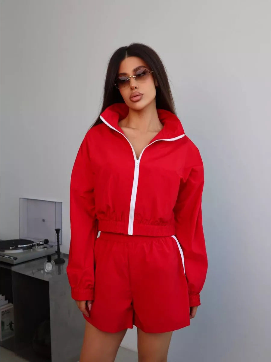 Damen Sportliches Windbreaker-Set mit elastischen Shorts Drune