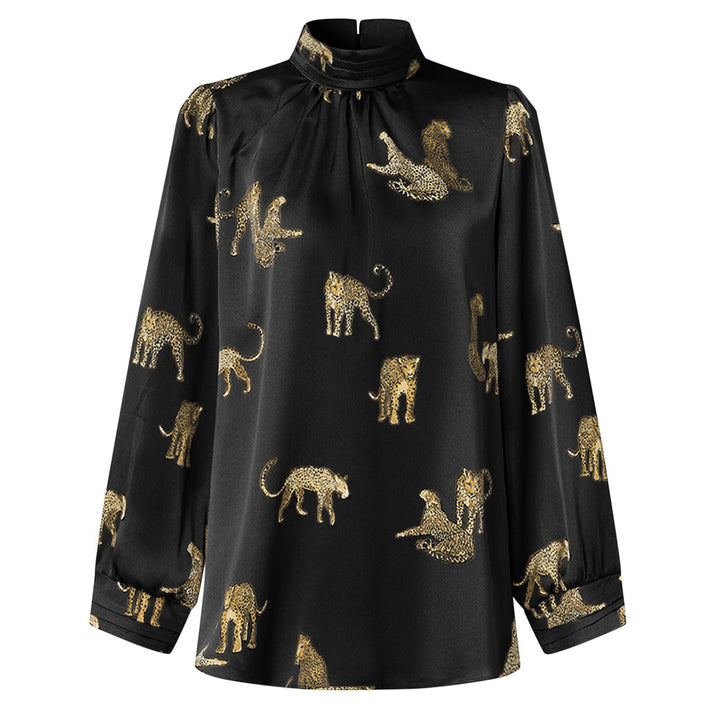 Damen Langarmbluse mit tierischem Print und Stehkragen Drune