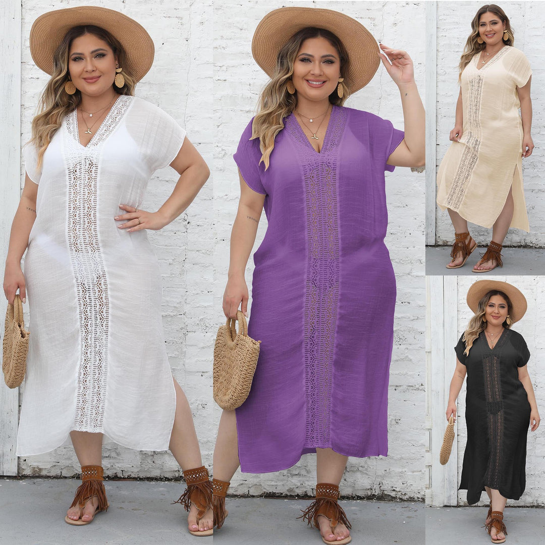 Damen eleganter Maxi-Kaftan mit großzügigem V-Ausschnitt und filigranen Häkelakzenten Drune