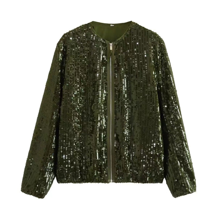 Drune | Damen Stehkragen Paillettenjacke Reißverschluss Vorderseite