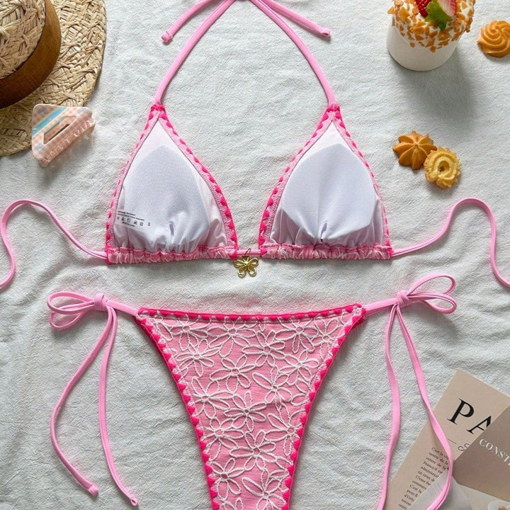 Damen Triangel-Bikini-Set mit floralen Stickereien Drune
