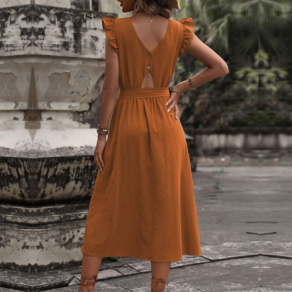 Damen Maxikleid mit v-Ausschnitt und Taillengürtel Drune
