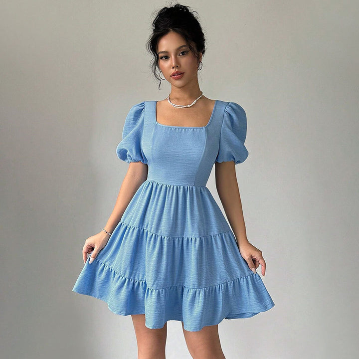 Damen Kleid mit Puffärmeln und gestuftem Saum Drune