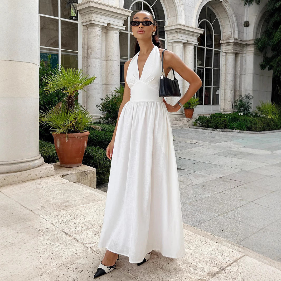 Damen Maxikleid mit tieferem V-Ausschnitt und fließendem Rock Drune