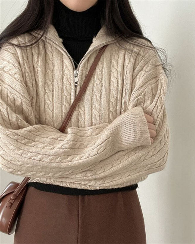 Drune Vintage Rollkragen Reißverschluss Twist Strickpullover