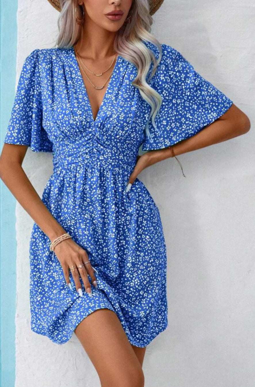 Damen Blumenkleid mit schickem V-Ausschnitt und voluminösen Ärmeln Drune