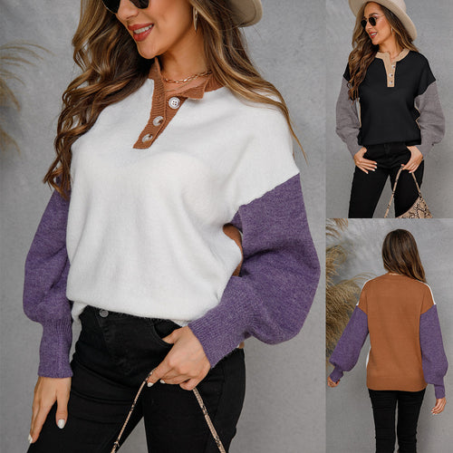 Damen lässiger Pullover mit Knopfleiste und kontrastierenden Ärmeln Drune