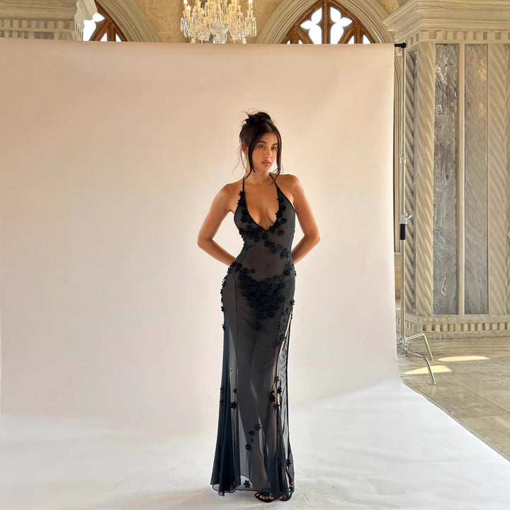 Damen Dekoratives Maxikleid mit raffinierten Spitzenakzenten und verführerischem V-Ausschnitt Drune
