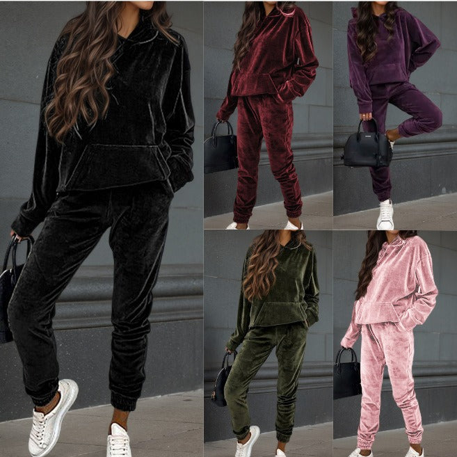 Damen sportliches Fleece-Set mit Hoodie und elastischem Bund Drune