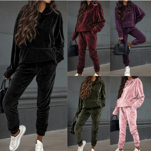 Damen sportliches Fleece-Set mit Hoodie und elastischem Bund Drune