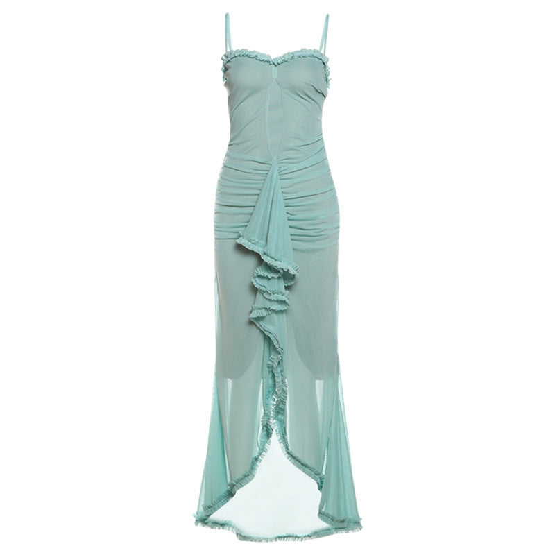 Damen Elegantes Maxikleid mit Rüschendetails und leicht transparentem Stoff Drune