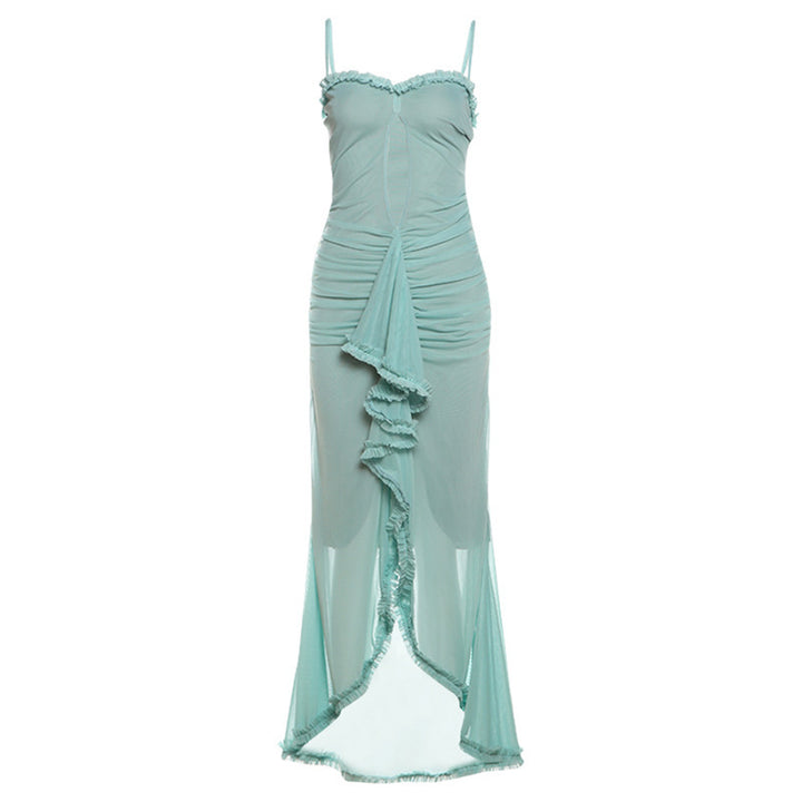 Damen Elegantes Maxikleid mit Rüschendetails und leicht transparentem Stoff Drune