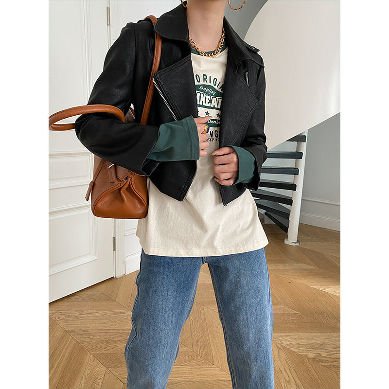 Damen vegane Lederjacke im Biker-Stil mit asymmetrischem Reißverschluss Drune