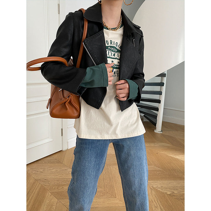 Damen vegane Lederjacke im Biker-Stil mit asymmetrischem Reißverschluss Drune
