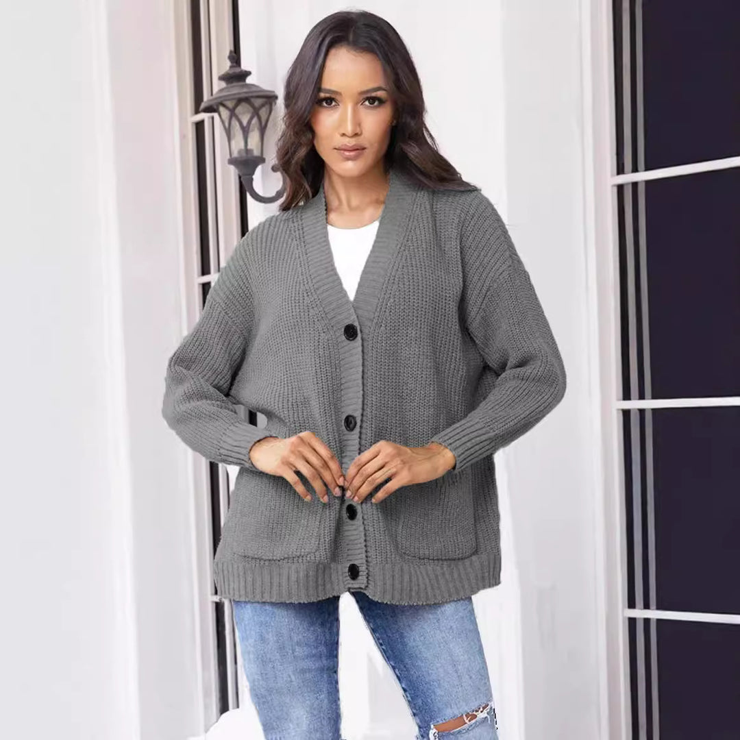 Damen Grobstrick-Cardigan mit großen Taschen und klassischem V-Ausschnitt Drune