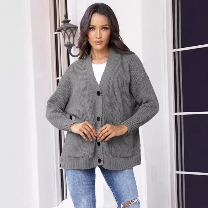 Damen Grobstrick-Cardigan mit großen Taschen und klassischem V-Ausschnitt Drune