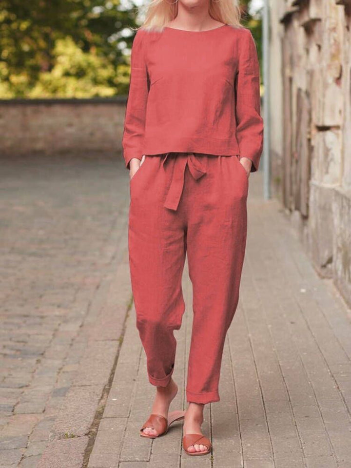 Damen Zweiteiliges Leinen-Set mit modischem Oberteil und komfortabler Hose Drune
