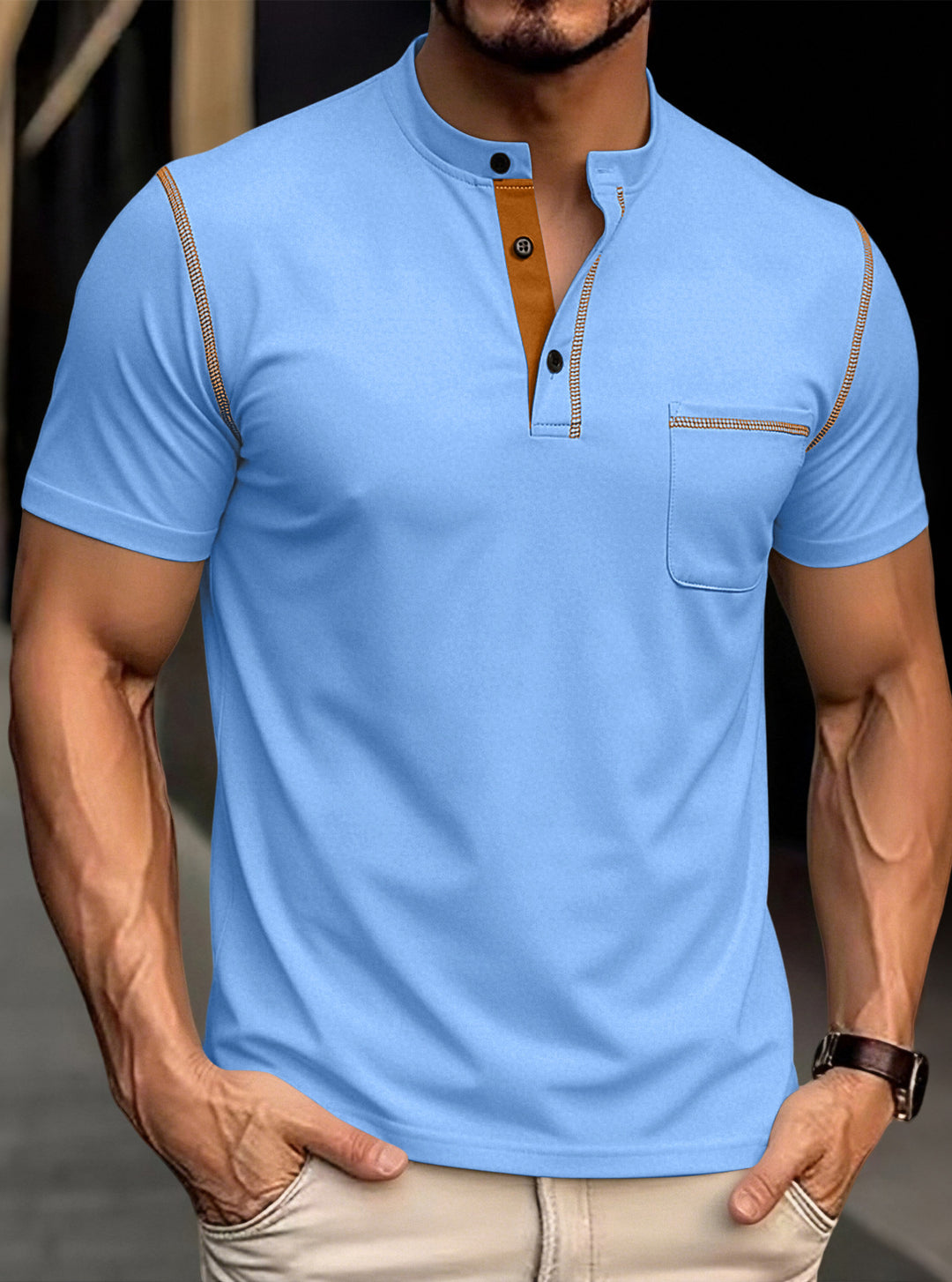 Herren nan modernes Kurzarm-Henley mit Stehkragen, Kontrastnähten und aufgesetzter Brusttasche Drune