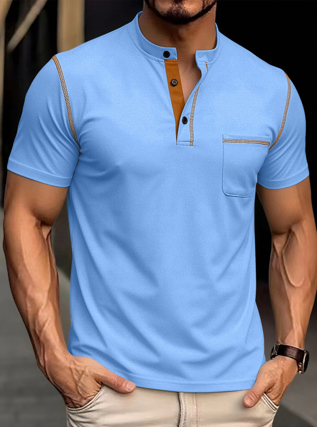 Herren nan modernes Kurzarm-Henley mit Stehkragen, Kontrastnähten und aufgesetzter Brusttasche Drune